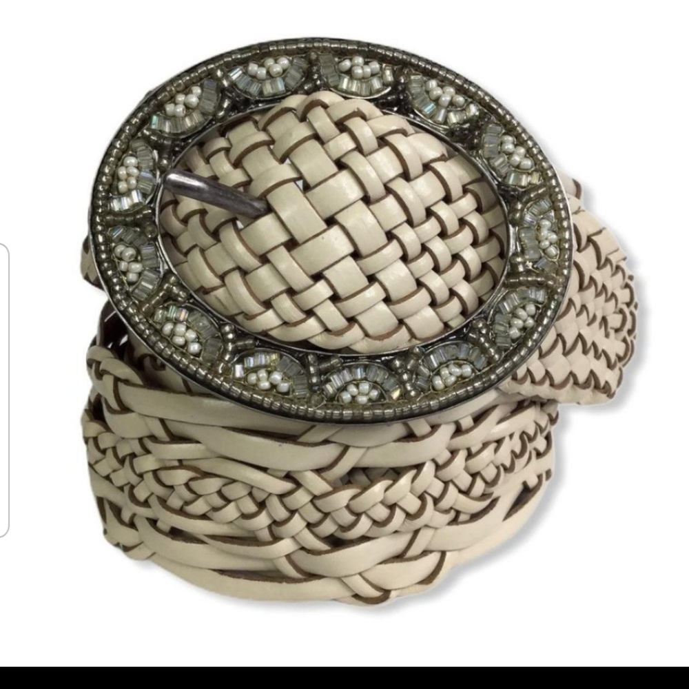 Jeweled Buckle Leather M/L Belt Braided Ivory